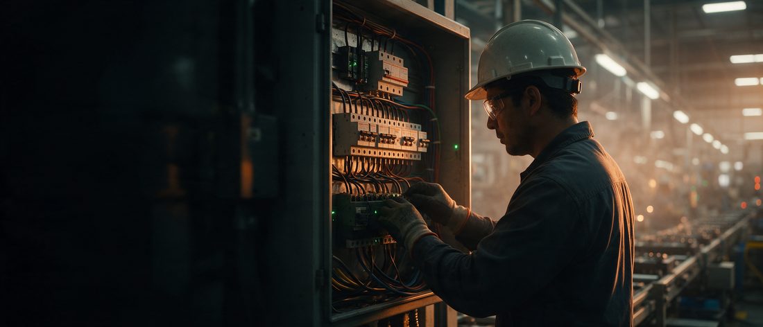 Electricista industrial con casco y guantes trabajando en un tablero de control dentro de una planta maquiladora