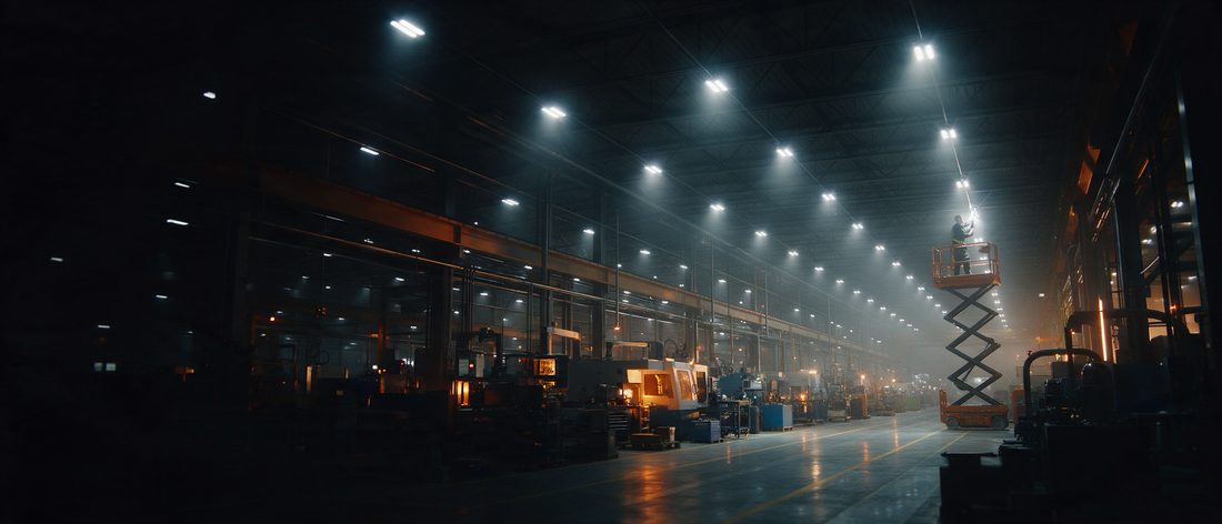 Nave industrial iluminada con luminarias LED de campana; un técnico en plataforma de tijera cambia una lámpara