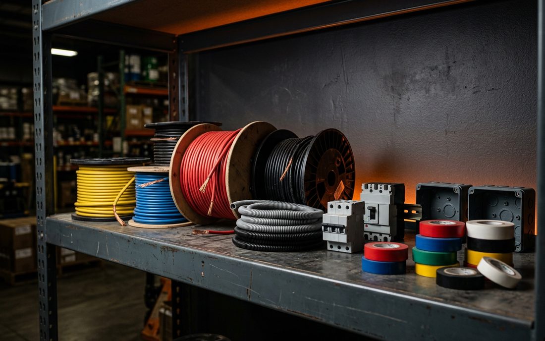 Carretes de cable eléctrico de colores, tubo flexible, interruptores termomagnéticos, cajas y cinta de aislar en anaquel